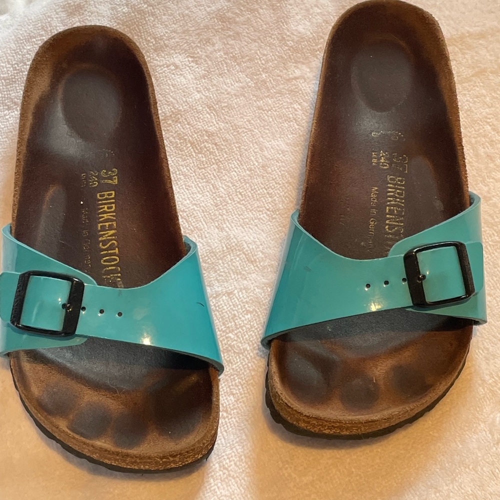 Birkenstock Madrid Patent Leather Turquoise Blue Buckle Sandals Sz 37 7